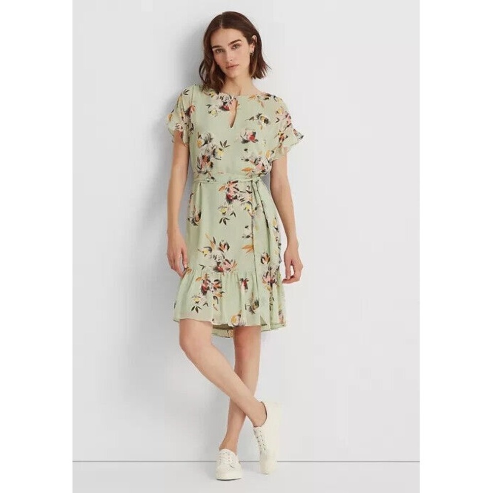 Lauren Ralph Lauren Floral Crinkled Georgette Dress sage green Size 14 NEW‎